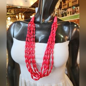 Red 6 Strand Statement Necklace with Earrings Set